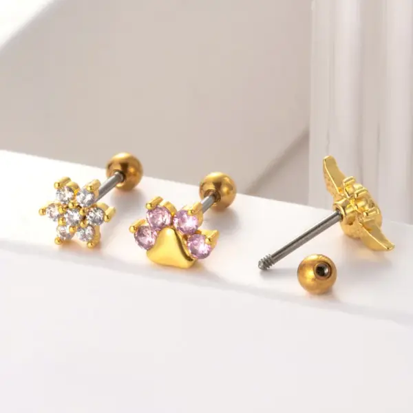 Wholesale 1 Piece 316L Stainless Steel Copper Zircon Ear Cartilage Rings & Studs Heart Shape Wings Flower Waterproof Non Tarnish Surgical Steel Women's