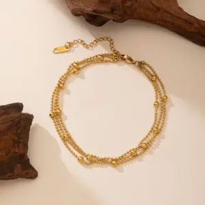 Qyb5017 Three-Layer Beads Chain Anklet / Gold