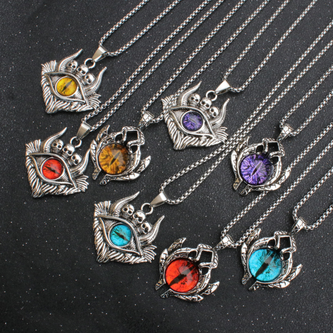 Wholesale European and American Cross-border Retro Punk Style Turkey Devil's Eye Alloy Pendant Stainless Steel Chain Necklace