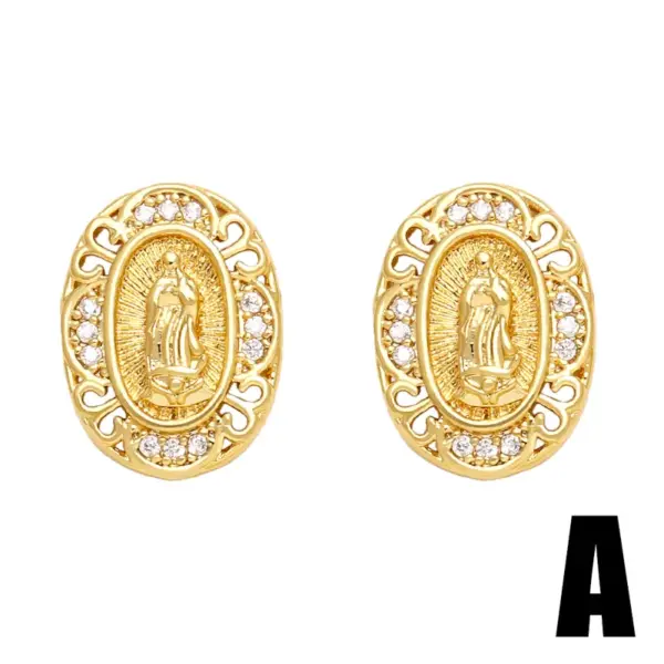 Wholesale 1 Pair Ethnic Style Virgin Mary Oval Plating Inlay Copper Zircon 18k Gold Plated Ear Studs