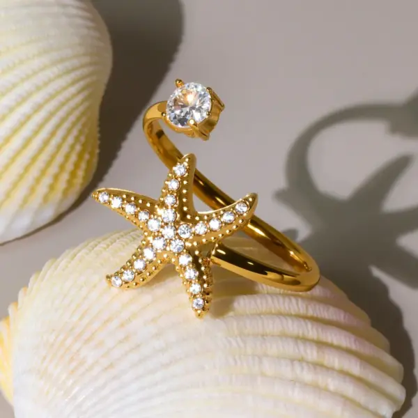 Wholesale Stainless Steel Open Ring Fish Tail Starfish Shell 5A Zirconia True Gold Plated Ocean Series Index Finger Jewelry Luxury Romantic