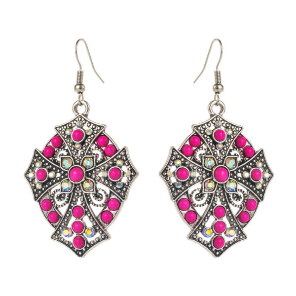 Wholesale Turquoise earrings, vintage and exaggerated, diamond-encrusted cross turquoise pendant ear hooks, ethnic style earrings for women.