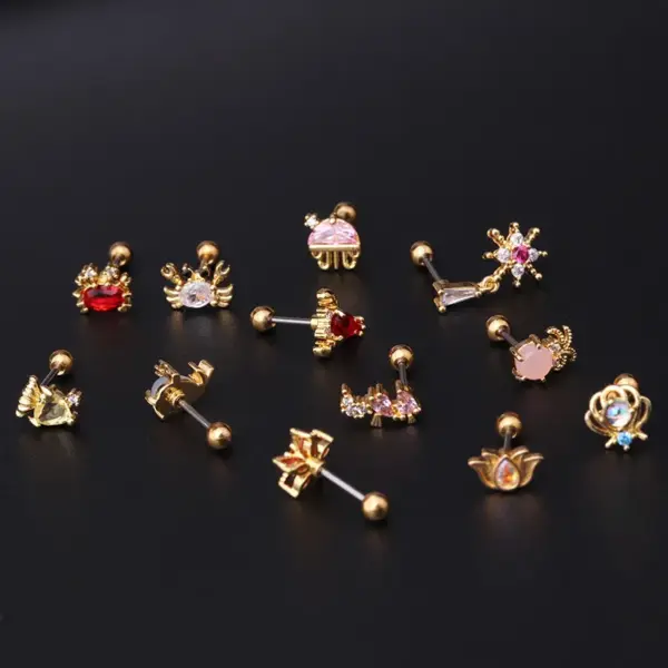 Copper Artificial Gemstones Ear Cartilage Rings & Studs Geometric Waterproof Non Tarnish Surgical Steel