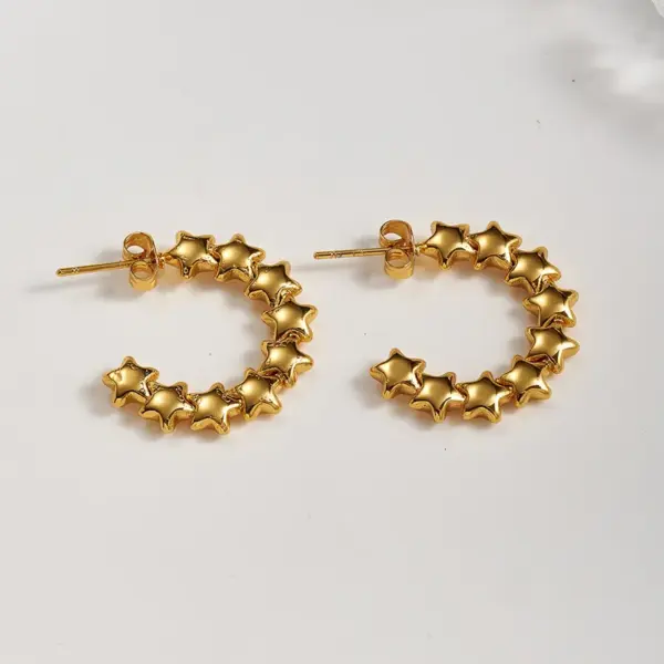 Vintage INS Style European And American 304 Stainless Steel Threaded Striped Pentagram C-shaped Earrings Basic Style (Simple Style) Exaggerated Roman Style Street Party