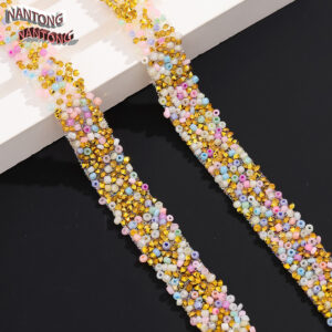 7 mixed color rice beads + pointed golden rhinestones / 1.5cm double-layer hot melt adhesive rice beads rhinestone hot drill strip