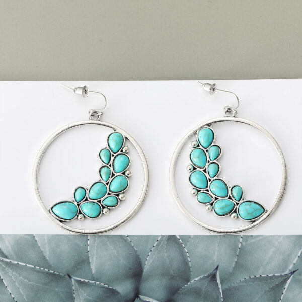 Wholesale New European and American Retro Cross-border Earrings Personalized Exaggerated Large Circle Leaves Turquoise Earrings Alloy Earrings