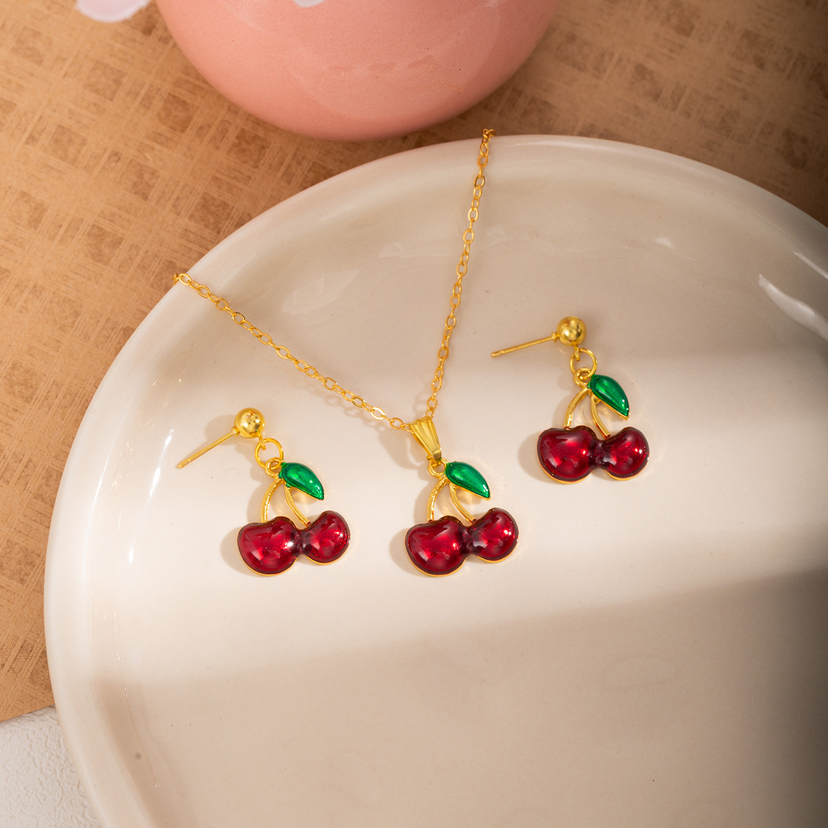 Wholesale Ins Style Red Cherry Collarbone Chain Earrings Jewelry suit Women Cross Border Green Leaf Cherry Pendant Necklace Earrings Aessories