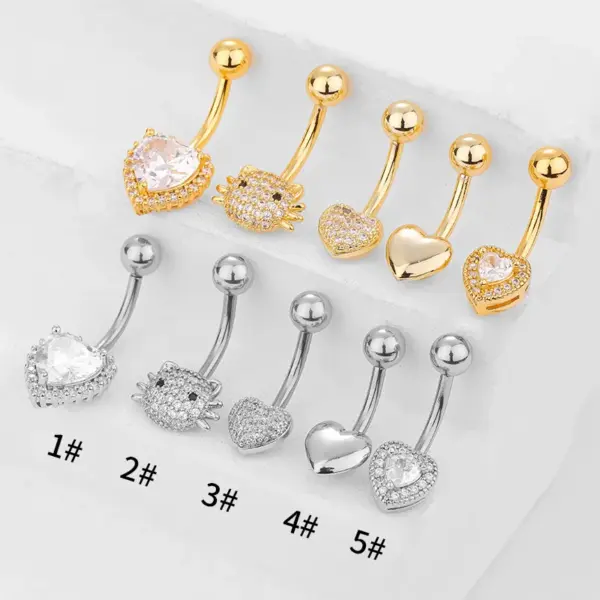 1 Piece Belly Rings Simple Style Classic Style Heart Shape Cat 316L Stainless Steel Waterproof Non Tarnish Surgical Steel Zircon Rack Plated 14K Gold Plated Belly Rings
