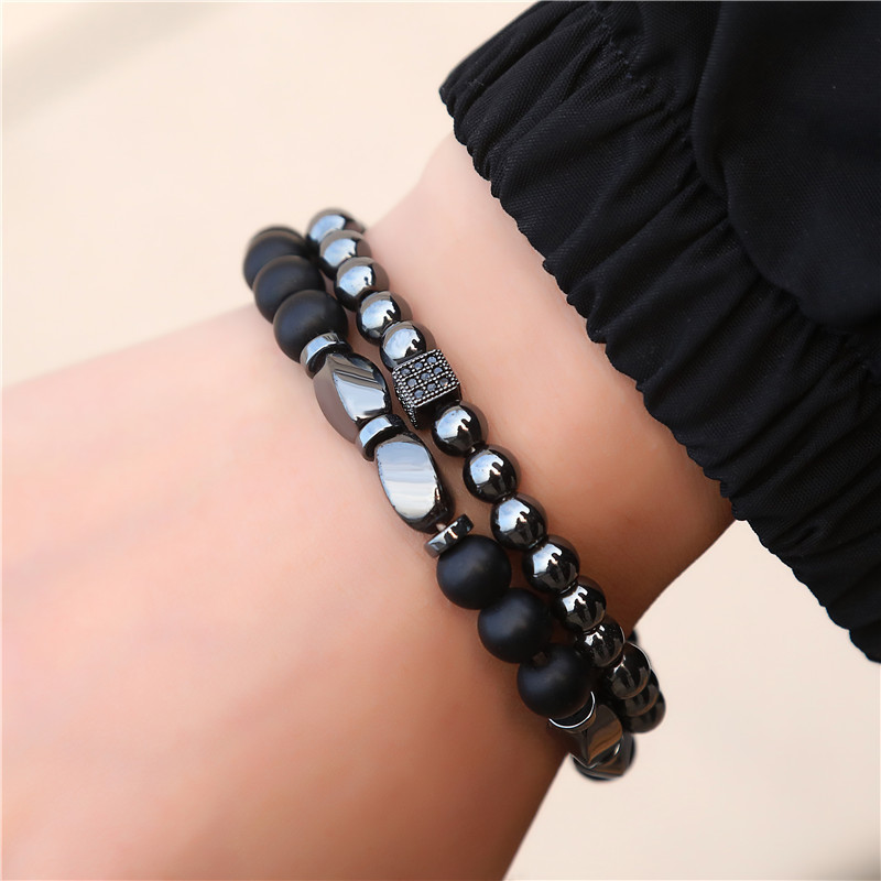 Wholesale European and American Foreign trade bracelet micro inlaid zircon dice bracelet suit cross-border hot sale black gall stone elastic bracelet