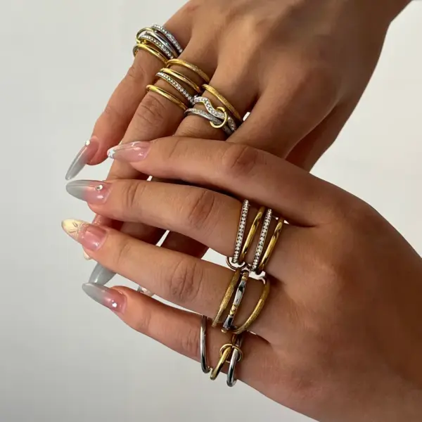 304 Stainless Steel Geometric Electroplating Stone-Free 18K Real Gold Plated Casual Elegant Classical Plating Inlay Gold Steel Color Rings Wave Rings Band Rings