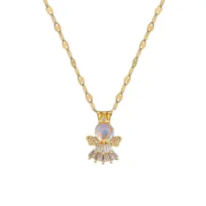 Wholesale Golden Plated 304 Stainless Steel Electroplating Zircon Angel Luxurious Earrings Necklace For Women'S