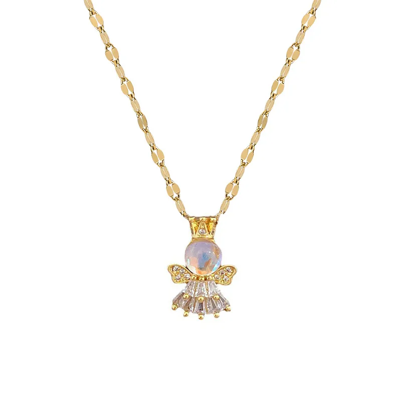 Wholesale Golden Plated 304 Stainless Steel Electroplating Zircon Angel Luxurious Earrings Necklace For Women'S