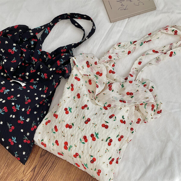 Wholesale 52202 Spring and Summer New Chiffon Ruffled Shoulder Bag Cute Cherry Canvas Bag Large Capacity Portable Tote Bag