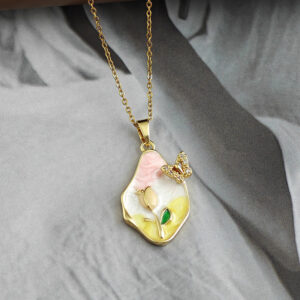Pink and yellow-flower butterfly necklace