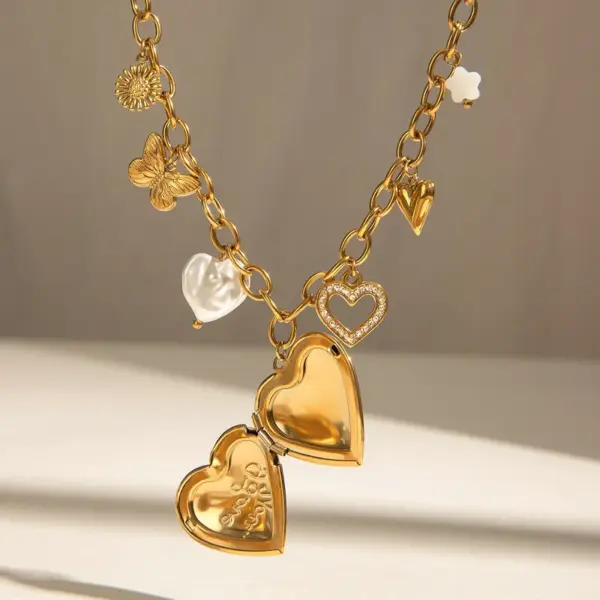Wholesale Jewelry Simple Style Classic Style Heart Shape Flower Butterfly 304 Stainless Steel Zircon PVD Coated Pearl Hollow Out Inlay Cable Chain Multi Charms Necklace