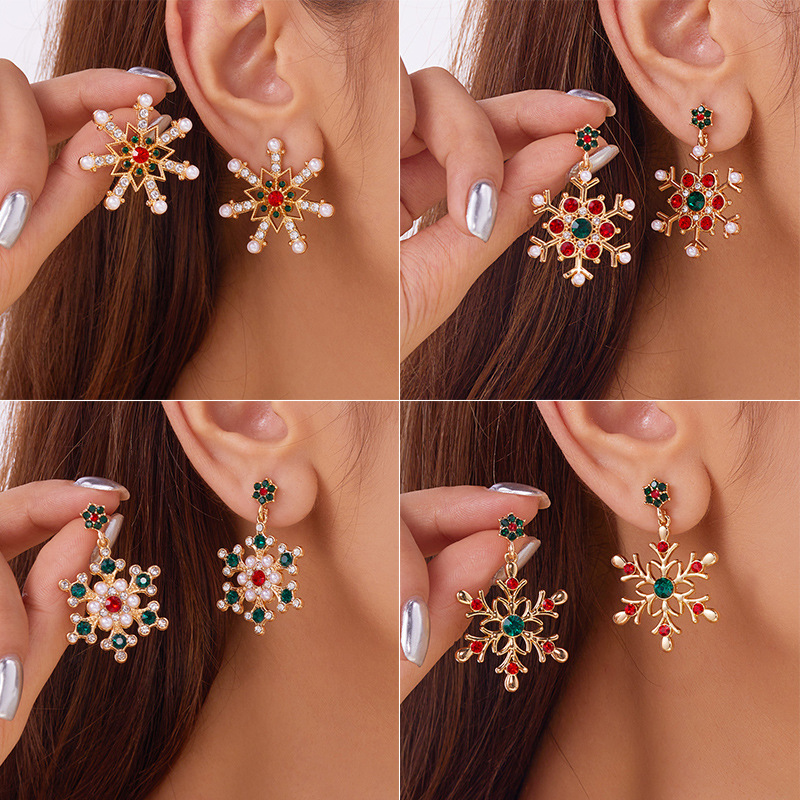 Wholesale New Cross-border European and American Christmas Snowflake Earrings Women's Fashion All-match Diamond Pearl Christmas Elements Autumn and Wi