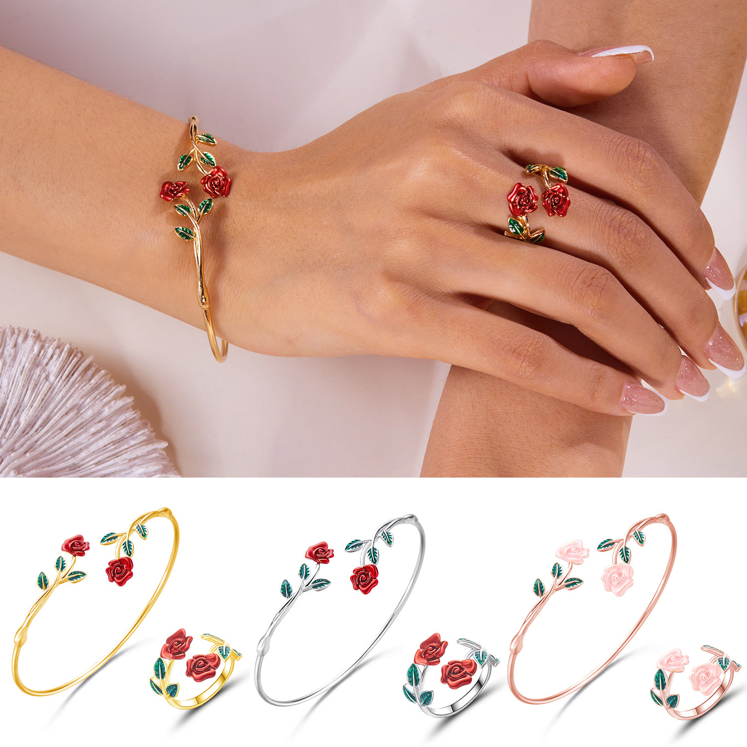 Wholesale Cross-border New Hot Sale Alloy op Oil Rose Flower Opening Bracelet Ring suit Fashion Temperament High-end Ladies