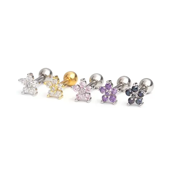 316L Stainless Steel Copper Zircon Ear Cartilage Rings & Studs Flower Waterproof Non Tarnish Surgical Steel Women'S