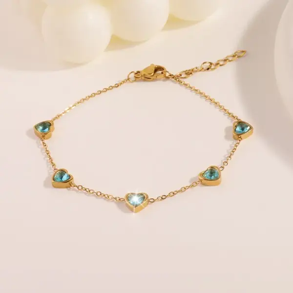 Wholesale 304 Stainless Steel Heart Shape PVD Coated Zircon Real Gold Plated 18K Gold Simple Style Classic Style Waterproof Non Tarnish O-shaped Chain Lobster Trigger Clasp Closure Bracelets