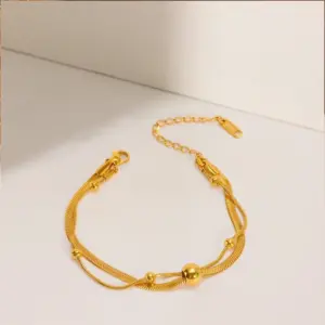 J05007-Round Bead Blade Gold Bead-Anklet- Gold
