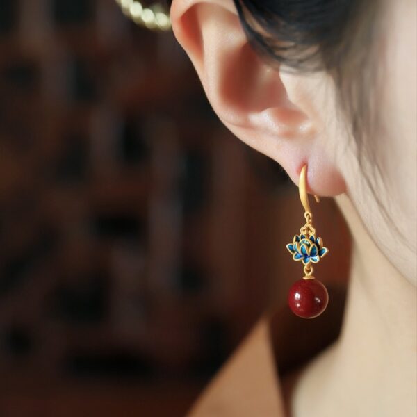 oly-233d6b05ad9372a0d90ee1491c7f980d Wholesale Arrival Cinnabar Lotus Earrings Women's Red Style Vintage Burned Blue Enamel Purple Gold Beads Earrings Earrings