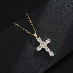 Wholesale Fashion Cross Copper 18k Gold Plated Zircon Pendant Necklace In Bulk