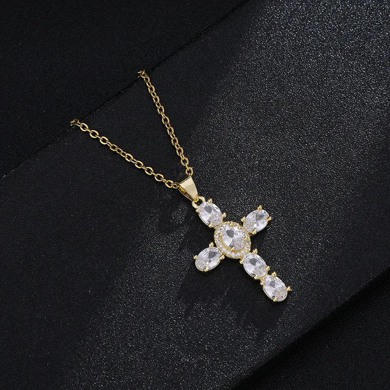 Wholesale Fashion Cross Copper 18k Gold Plated Zircon Pendant Necklace In Bulk
