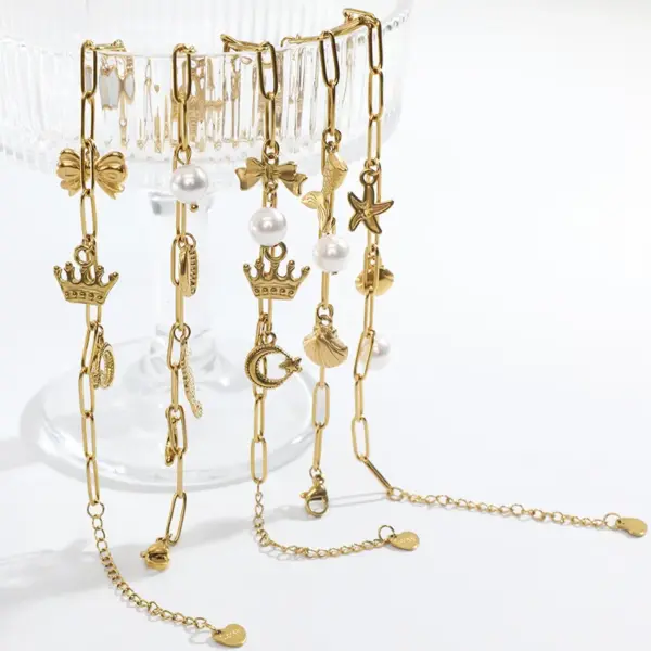 304 Stainless Steel Synthetics Starfish Hipcampus Pearl Long-Lasting Plated PVD Coated 18K Real Gold Plated Vacation Beach Cuban Link Chain Curb Chain Handmade Chain Cable Chain Bracelets