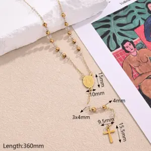 Goddess of the Cross Oval Card Light Gold round Beads & Cut Flat round Beads Necklace (Gold) / Length: 360mm / 1 Strand/Package