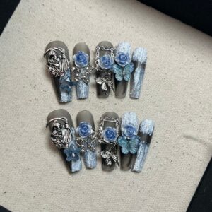 Wholesale Handmade Wear Armor Heavy Industry Blue Leaf Evening Nail Art Flash Luxury Rose Small Spice Girl Nail Art