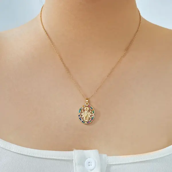 PVD Coated K Gold Plated Geometric Round Virgin Mary 304 Stainless Steel Copper Vintage Style Classic Waterproof Non Tarnish Pendant Necklace
