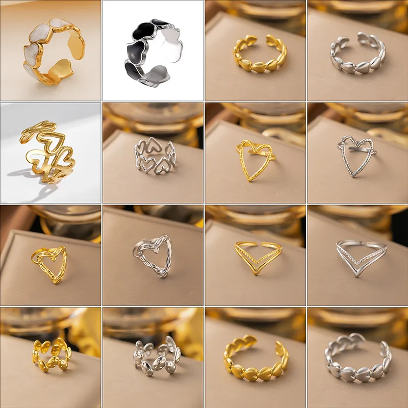 Wholesale PVD Coated Real Gold Plated Heart Shape Titanium Steel Simple Style Waterproof Non Tarnish Rings