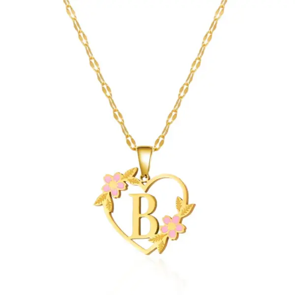 201 Stainless Steel Letter Heart Shape Flower Rack Plated KC Golden Plated Fairy Style Elegant Sweet Asymmetrical Enamel Lip Chain Gold Pendant Necklace