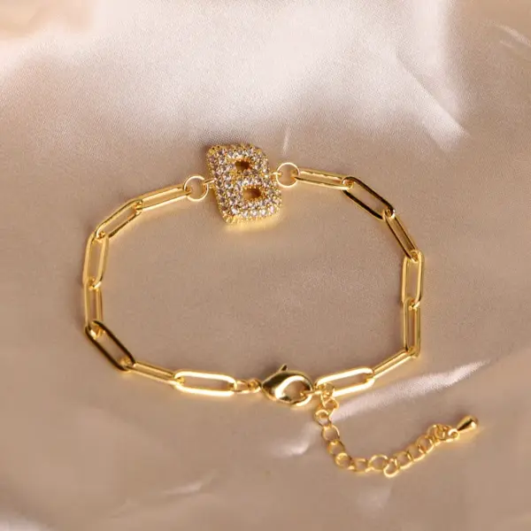 oly-23b588a7dd3aa5e3c7b5290d13a633b5 Wholesale Jewelry Retro Letter Copper Zircon 18K Gold Plated Bracelets Paperclip Chain