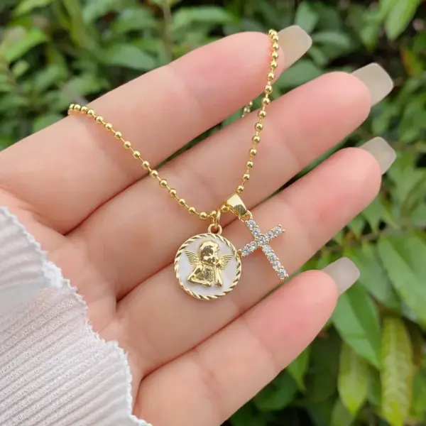 Copper Ball Chain 18K Gold Plated Inlay Cross Heart Shape Zircon Pendant Necklace