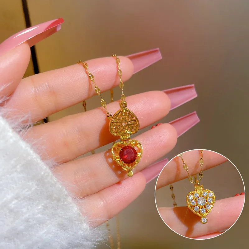 Wholesale Real Gold Plated 304 Stainless Steel PVD Coated Zircon Heart Shape Waterproof Non Tarnish Retro Coffee Bean Chain Pendant Necklace For Women