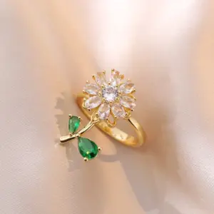 XL1992-42 Rotating Green Leaf Flower Ring