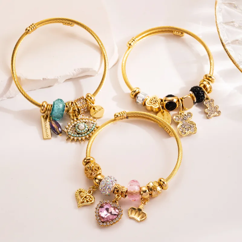 Wholesale 304 Stainless Steel Alloy Gold Plated Cute Romantic Sweet Beaded Plating Inlay Devil'S Eye Bear Artificial Crystal Bangle