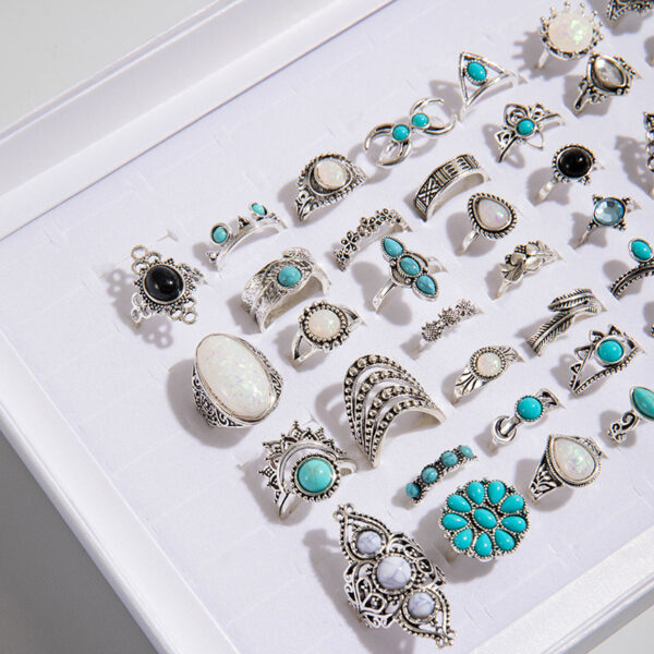 Wholesale Bohemian Inlaid Turquoise Flower Rings, Retro Geometric Lace Rings, Fourteen-Eight Mixed Batches