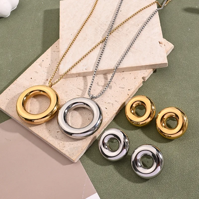 Wholesale Jewelry Casual Sweet Simple Style Round Stainless Steel 18K Gold Plated Polishing Plating Square Pearl Chain Earrings Necklace Jewelry Set