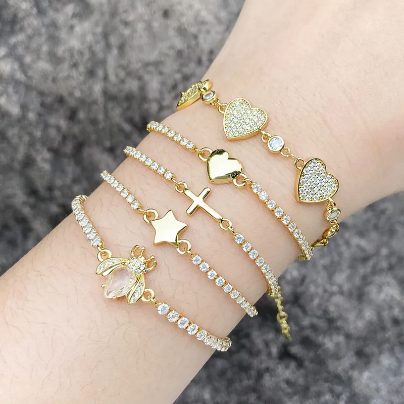Wholesale Simple Style Cross Star Heart Shape Copper Plating Inlay Zircon 18k Gold Plated Bracelets