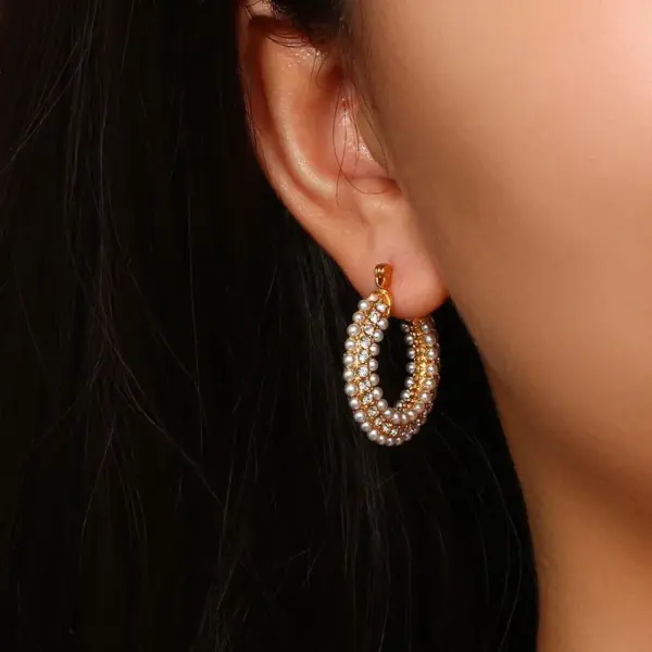 Wholesale 1 Pair Fashion U Shape Plating Inlay 304 Stainless Steel Pearl Zircon 18K Gold Plated PVD Coated Hoop Earrings