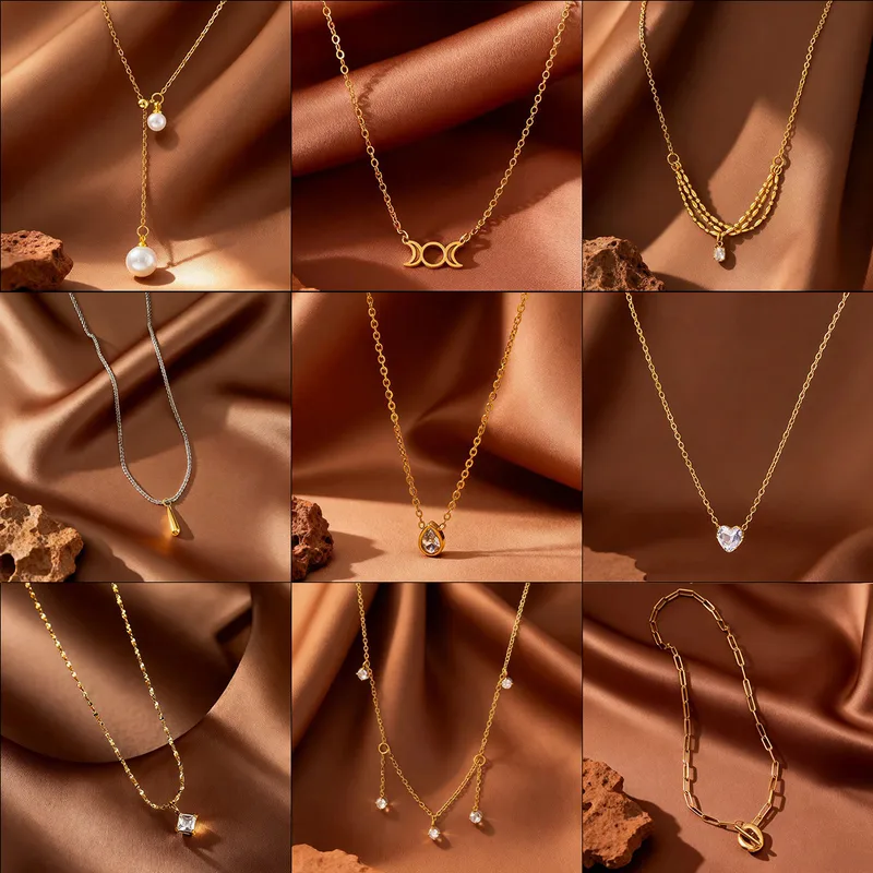 Wholesale Stainless Steel Necklace Electroplated 18K Gold Personality Niche Design Fashionable Versatile Simple Geometric Waterop Heart Shape