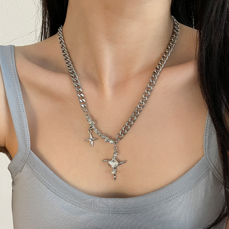 Wholesale Square Diamond Star Cross Necklace for Men 2023 New Ins Hip-Hop Neutral Trend Cool Niche Clavicle Chain for Women