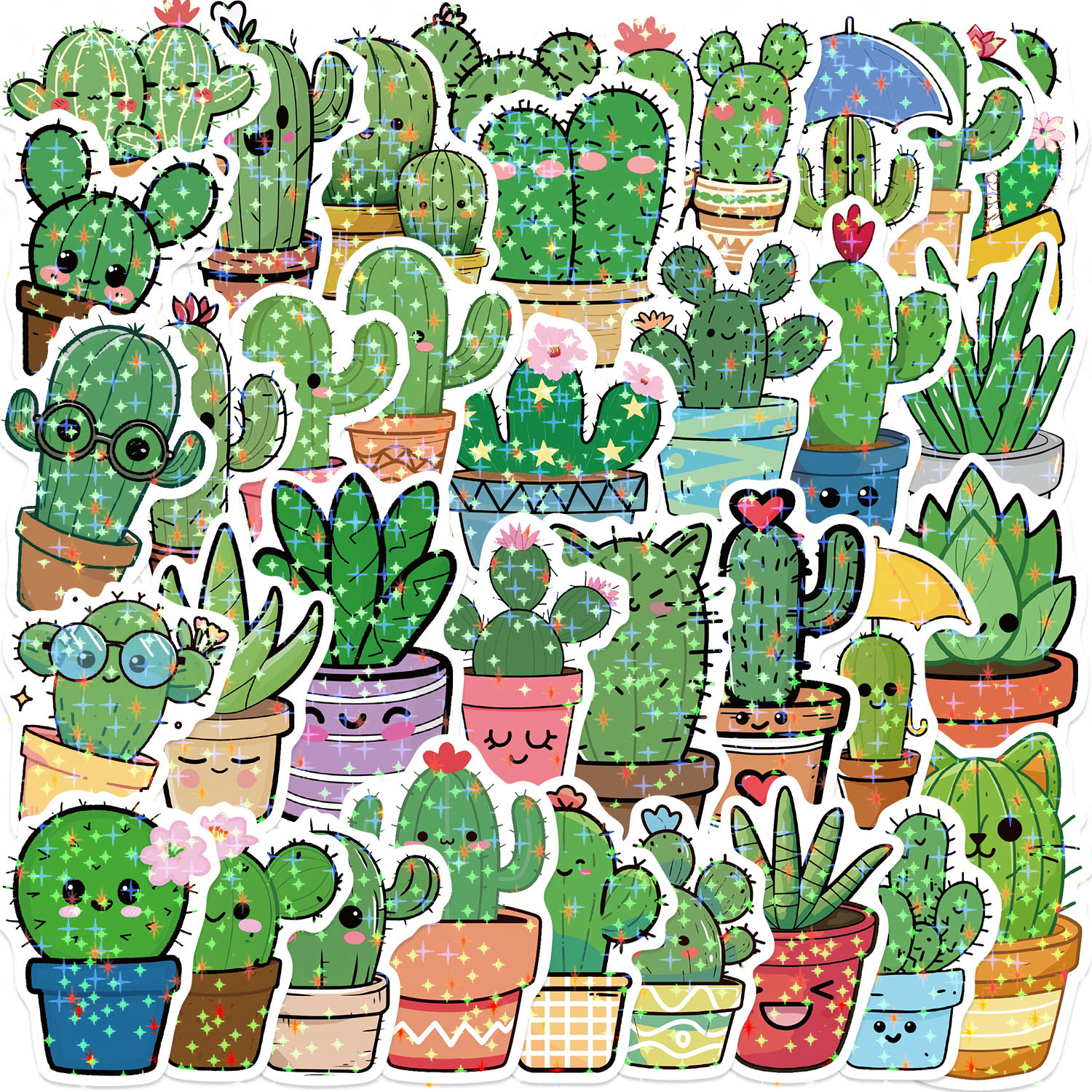 Wholesale 50 Holographic Cartoon Cactus Graiti Stickers to Decorate iPad Lage Notebook DIY Waterproof Cross-Border Batch
