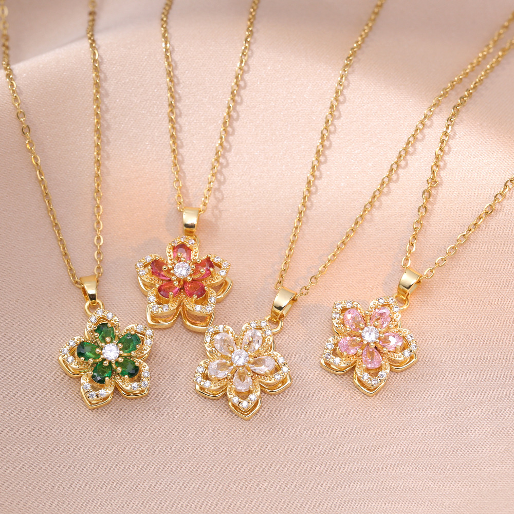 Wholesale Necklace Female Internet Celebrity Rotating Bauhinia Zircon Flower Niche Fashion New Design Pendant Temperament Titanium Steel Necklace