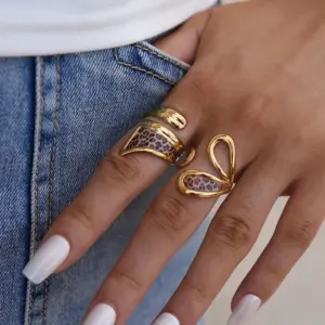 Wholesale Gold Plated Stainless Steel Ring Leopard Print Adjustable Size Vacuum Electroplating 18K Gold Adult Women Artistic Jewelry
