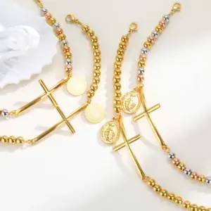 Wholesale PVD Coated Real Gold Plated 18K Rose Saint Benedict 201 Stainless Steel Retro Religion Waterproof Non Tarnish Bracelets