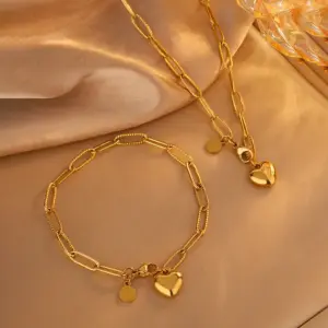 304 Stainless Steel Paper Clip Heart Shape Ion Plating (IP) 18K Gold Plated Retro Classic Style Waterproof Non Tarnish Regular Chain Bracelets Necklace Jewelry Set