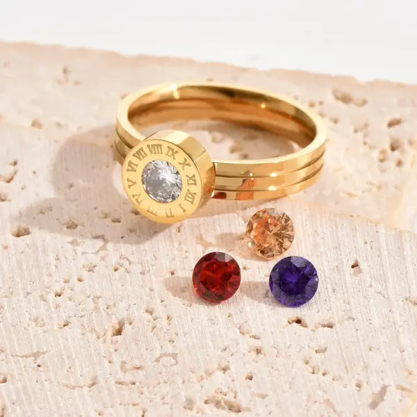 Wholesale PVD Coated Real Gold Plated 14K Gold Round Number 304 Stainless Steel Elegant Vintage Style Waterproof Non Tarnish Rings